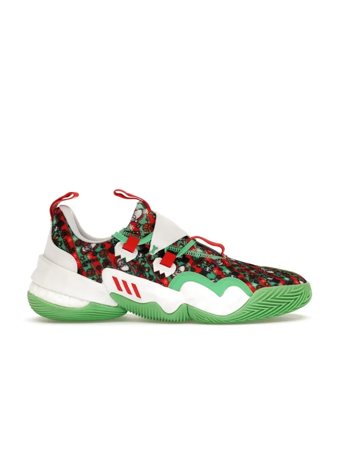 Мужские баскетбольные кроссовки с рождественским дизайном Adidas Trae Young 1 — изображение 1 из 4, зеленый/красный/белый