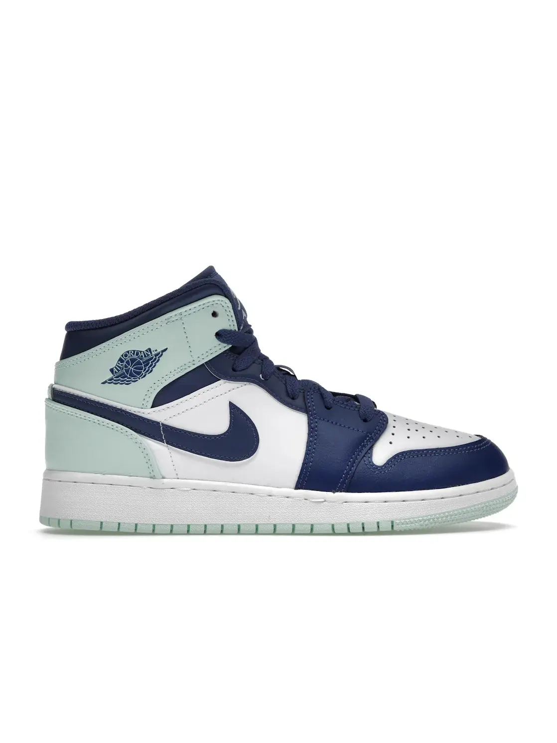 Детские кроссовки с кожаным верхом Jordan 1 Mid Mystic Navy Mint Foam Jordan — изображение 1 из 4, темно-синий/белый