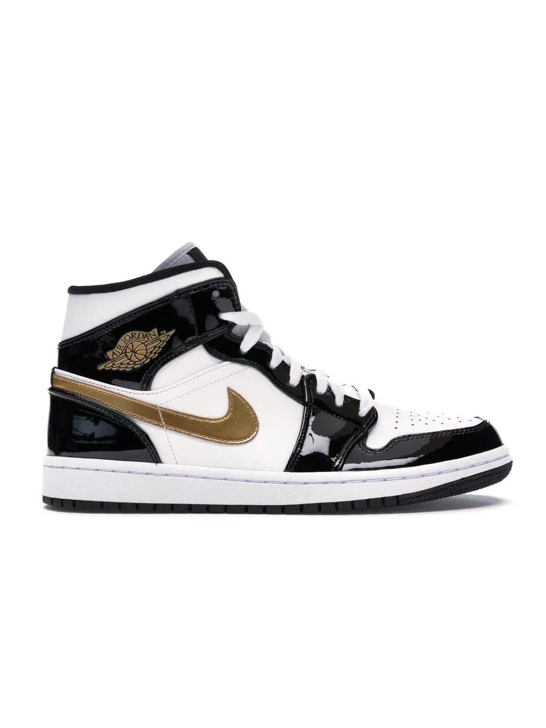 Мужские кроссовки с патентованной кожи Jordan 1 Mid Patent Black White Gold Jordan — изображение 1 из 4
