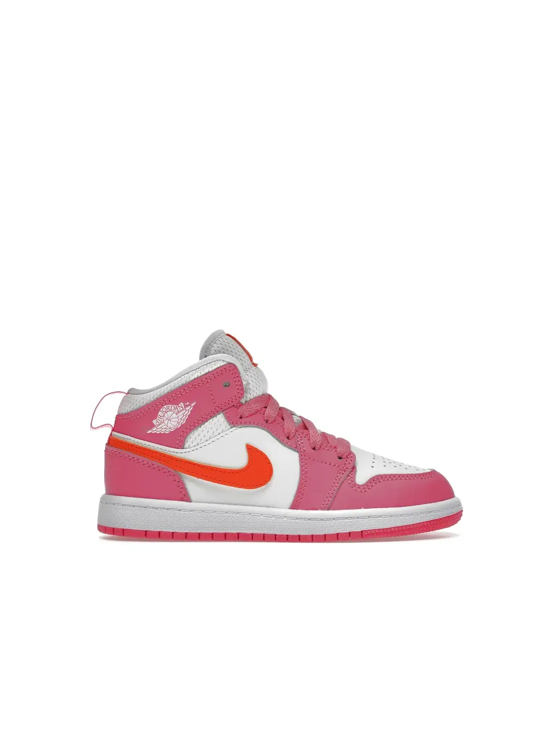 Детские кроссовки с контрастными вставками Pinksicle/Safety Orange/White Jordan 1 Mid — изображение 1 из 4, оранжевый белый