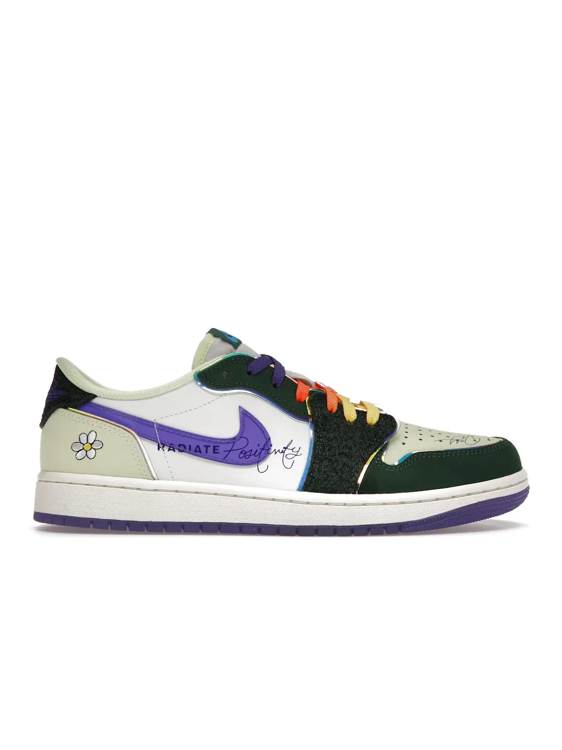 Мужские кроссовки с контрастными вставками Jordan 1 Retro Low OG Jordan — изображение 1 из 4, зеленый/фиолетовый/белый