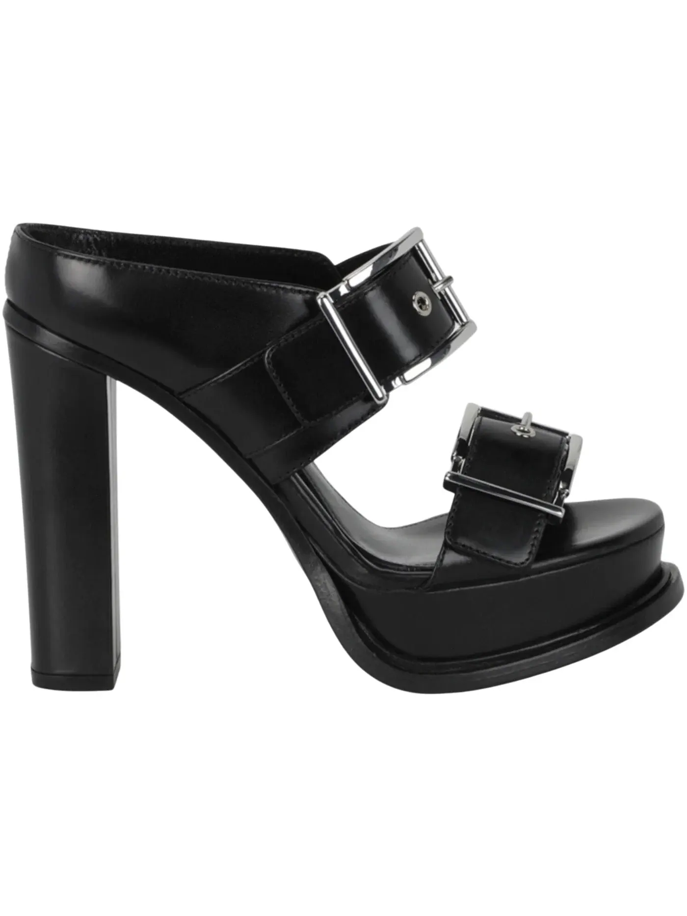 Женские босоножки на каблуке Alexander McQueen Boxcar Leather Sandals — изображение 1 из 3, черный/серебристый