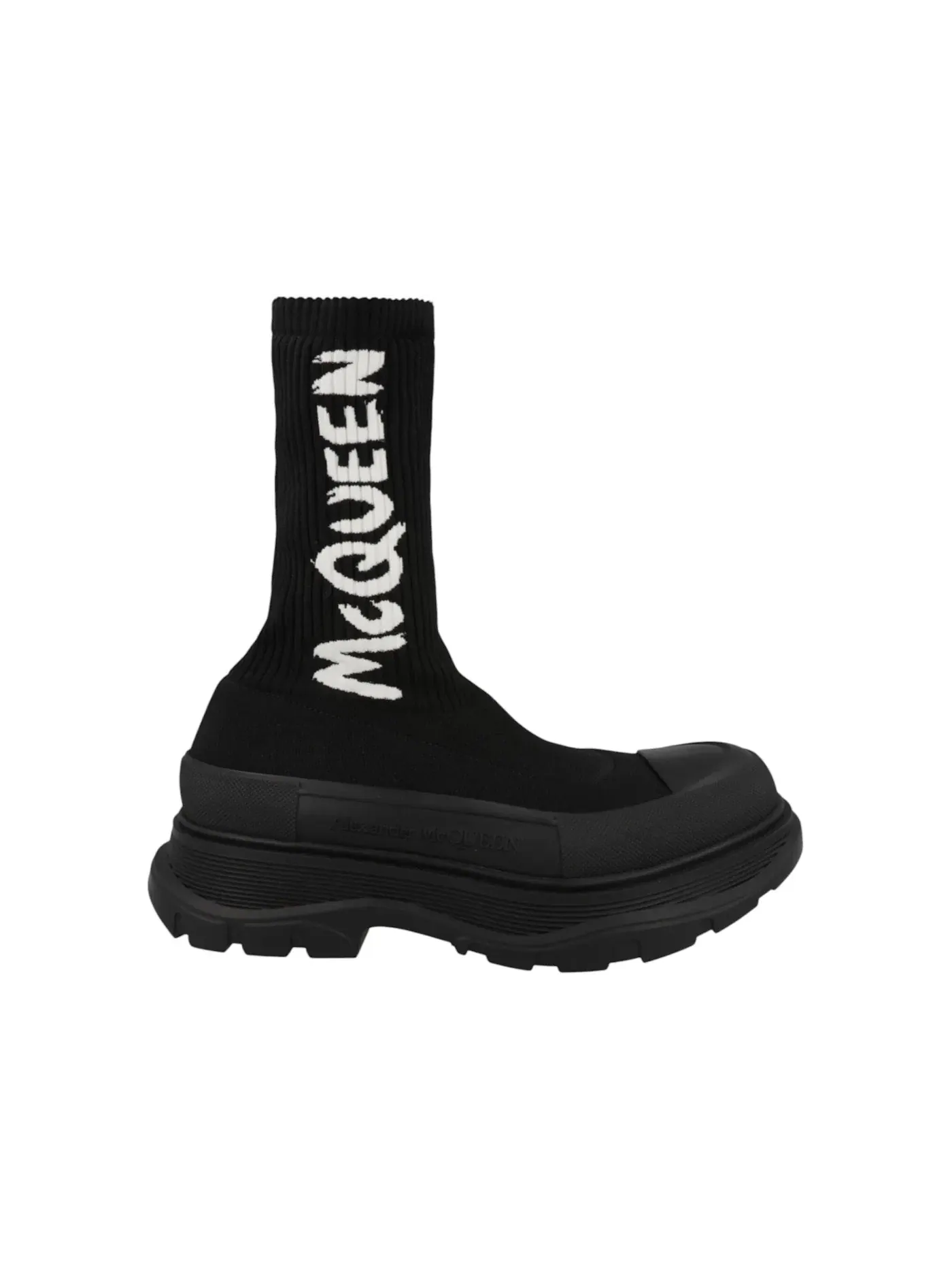 Мужские ботинки с граффити-принтом Alexander McQueen Graffiti Knit Tread Slick Boot — изображение 1 из 5, черный
