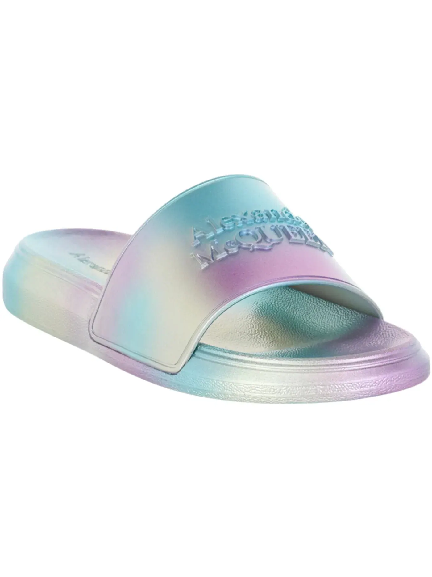 Женские сланцы с принтом Alexander McQueen Iridescent Logo Slides — изображение 2 из 3, серебряный