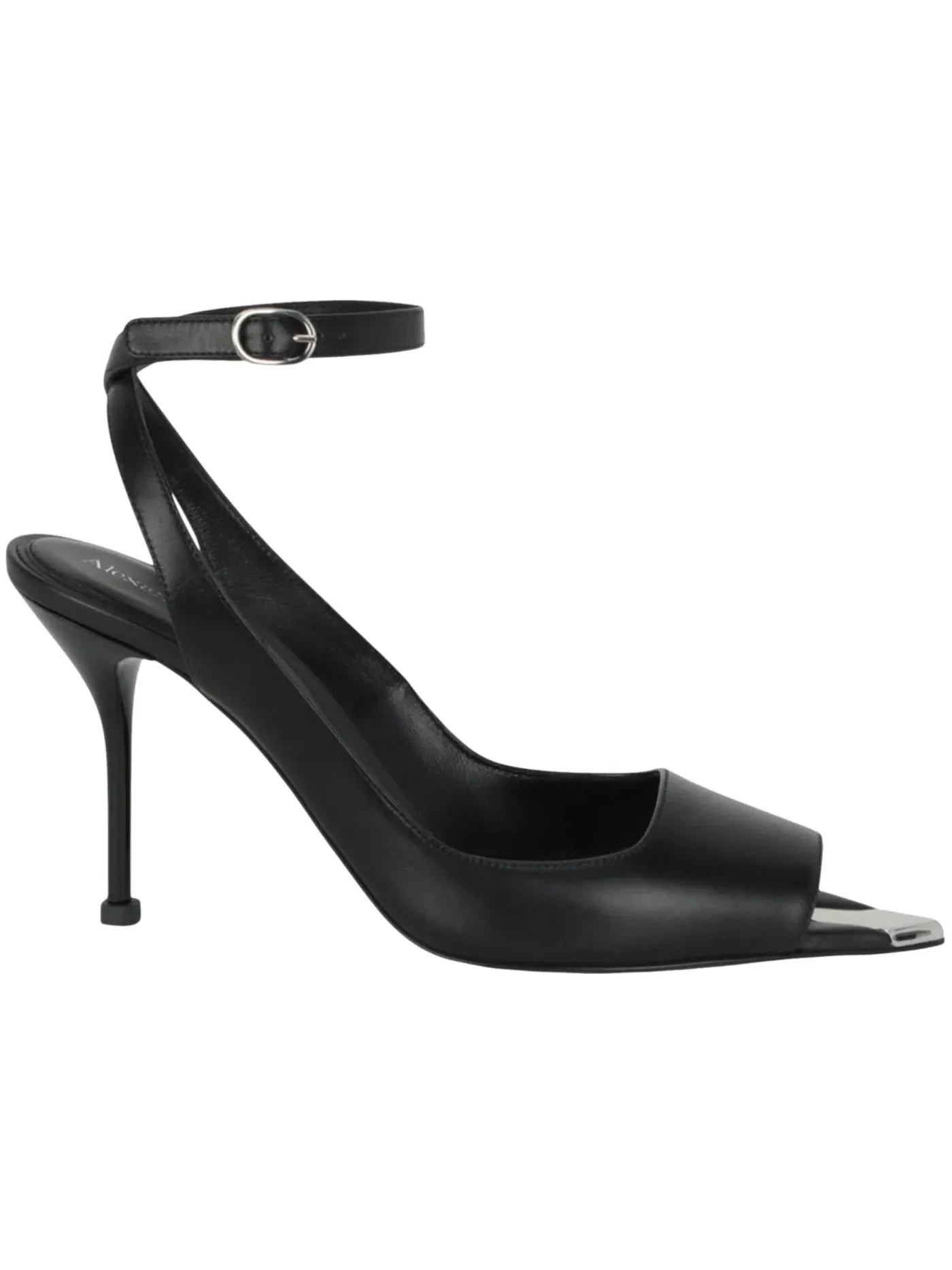 Женские босоножки на каблуке Alexander McQueen Punk Peep Toe 4 In Sandals — изображение 1 из 3, черный/серебристый