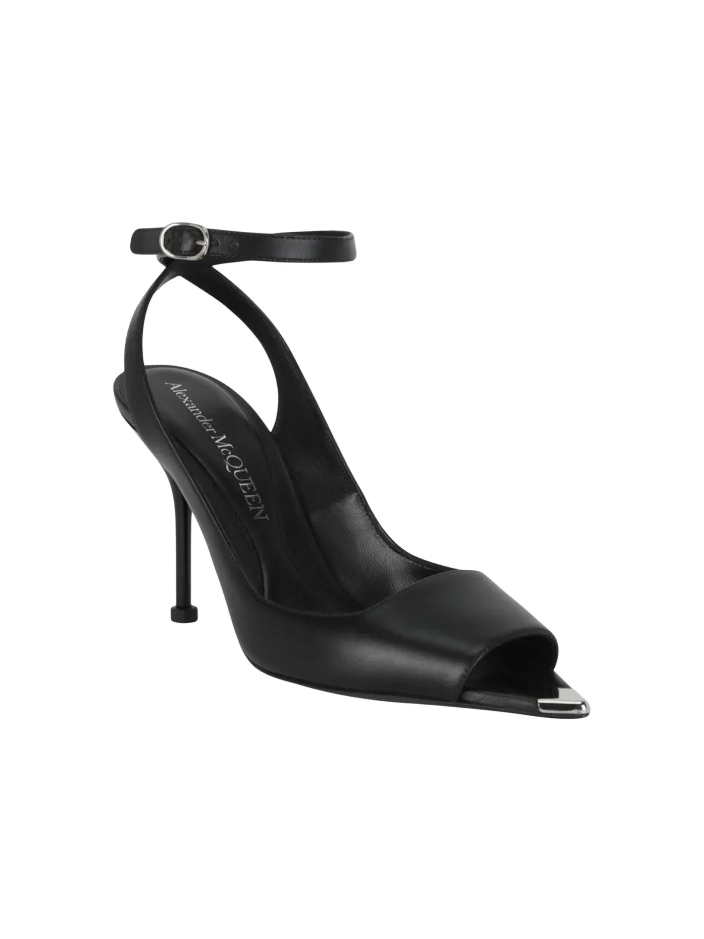 Женские босоножки на каблуке Alexander McQueen Punk Peep Toe 4 In Sandals — изображение 2 из 3, черный/серебристый