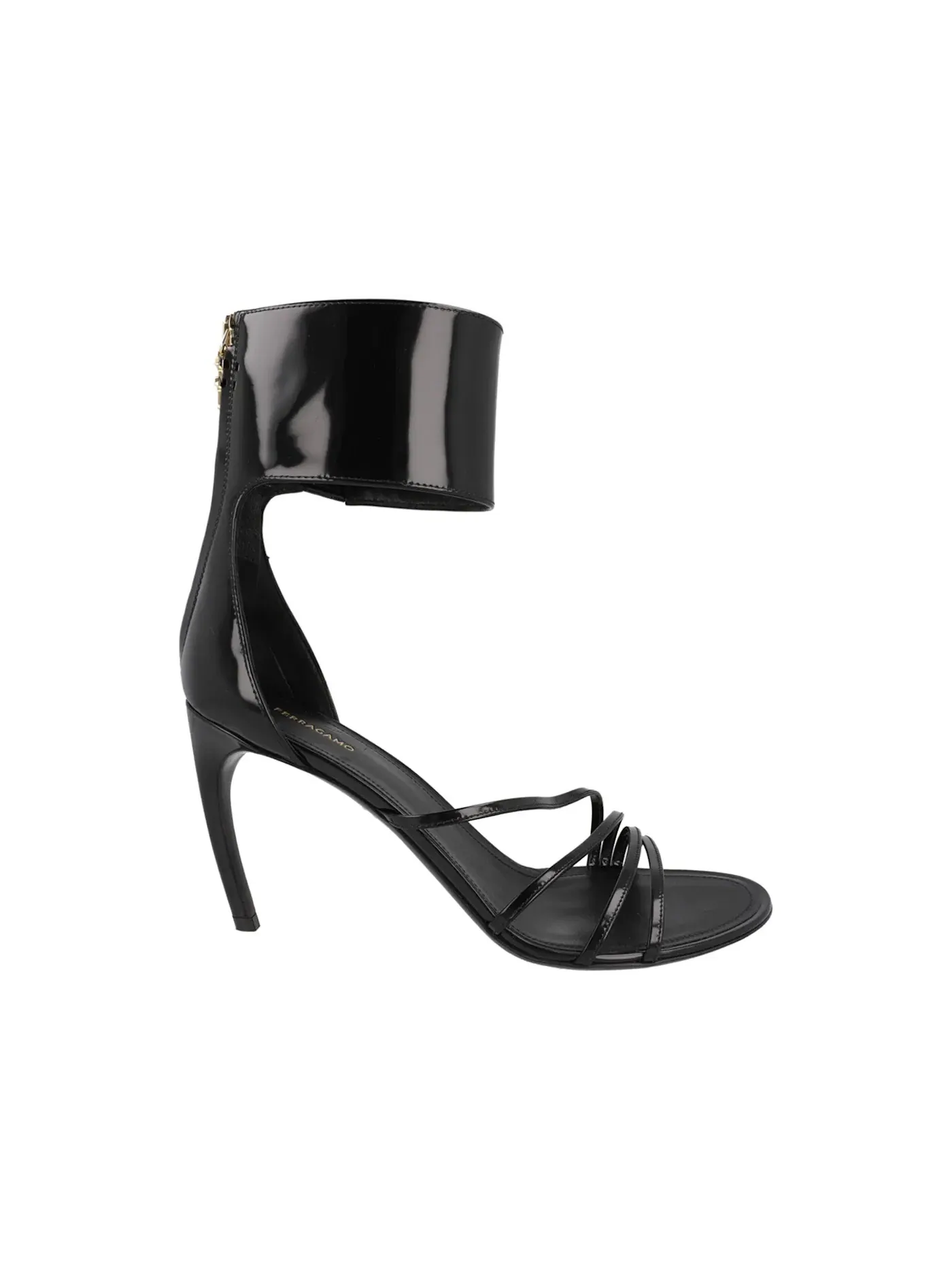 Женские босоножки на каблуке с ремешками Ferragamo Clethra 85 Patent Leather Heel Sandals — изображение 1 из 3, черный