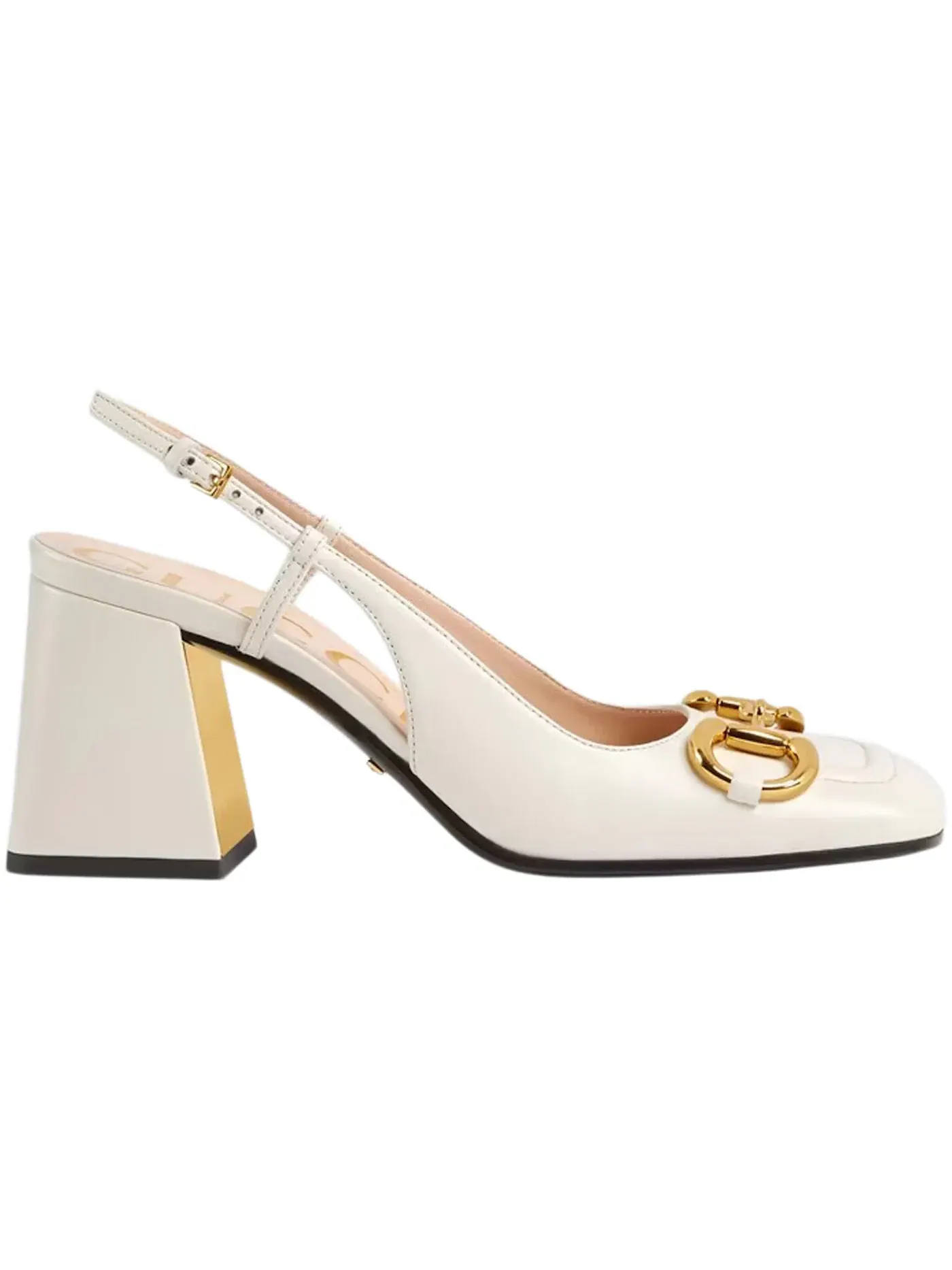 Туфли женские Gucci Horsebit 75mm Heeled Slingback кожаные с ремешком белые с золотой фурнитурой — изображение 1 из 3