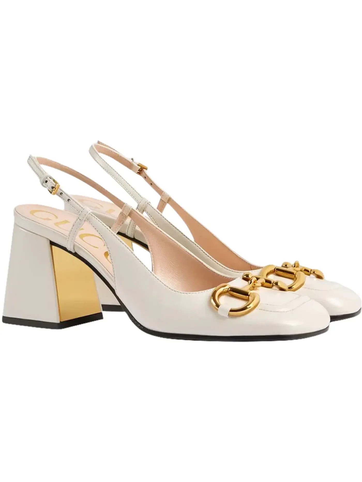 Туфли женские Gucci Horsebit 75mm Heeled Slingback кожаные с ремешком белые с золотой фурнитурой — изображение 2 из 3