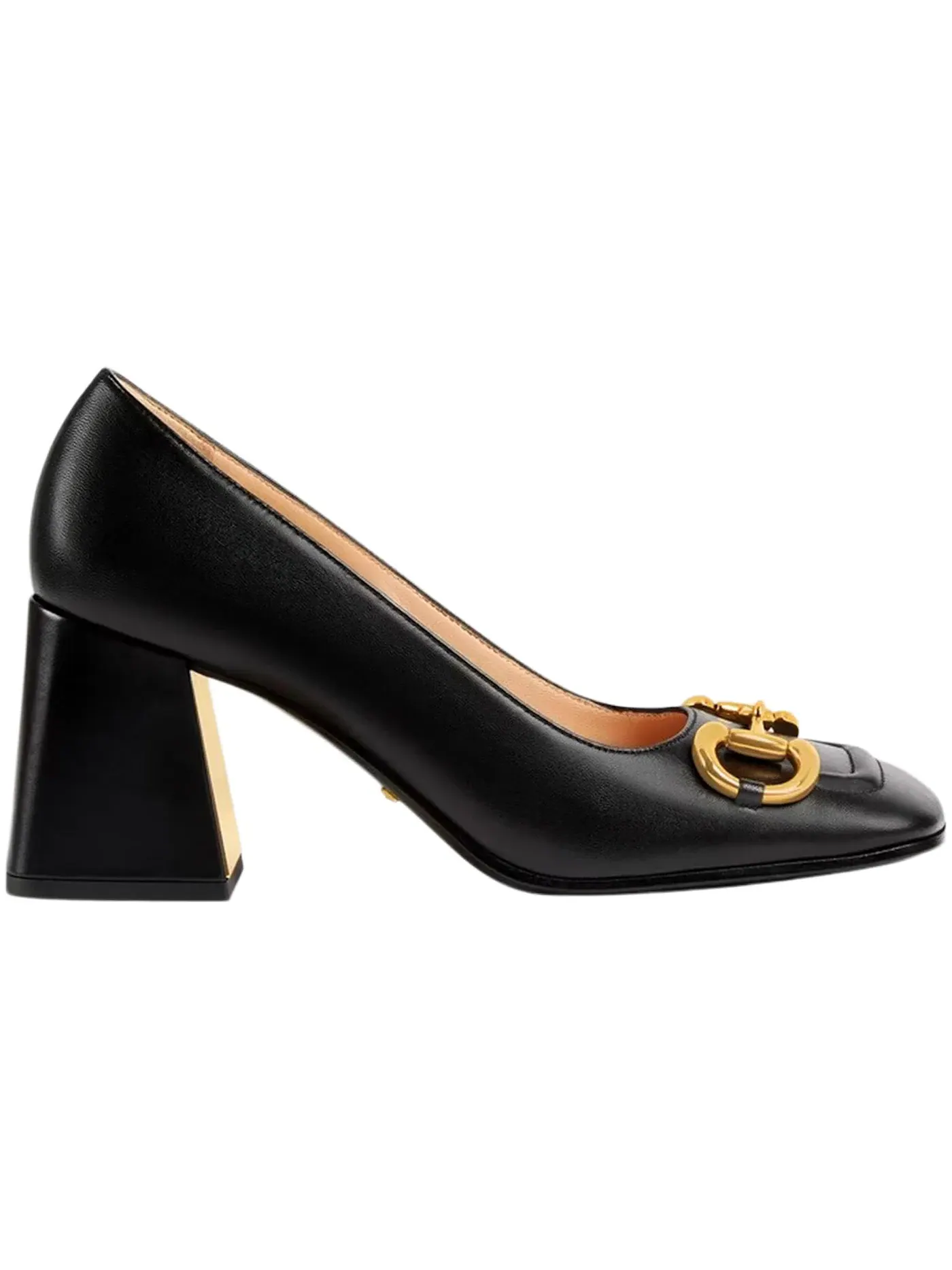 Туфли женские Gucci Horsebit 75mm Pump, на каблуке, с логотипом — изображение 1 из 3, черный/золотистый