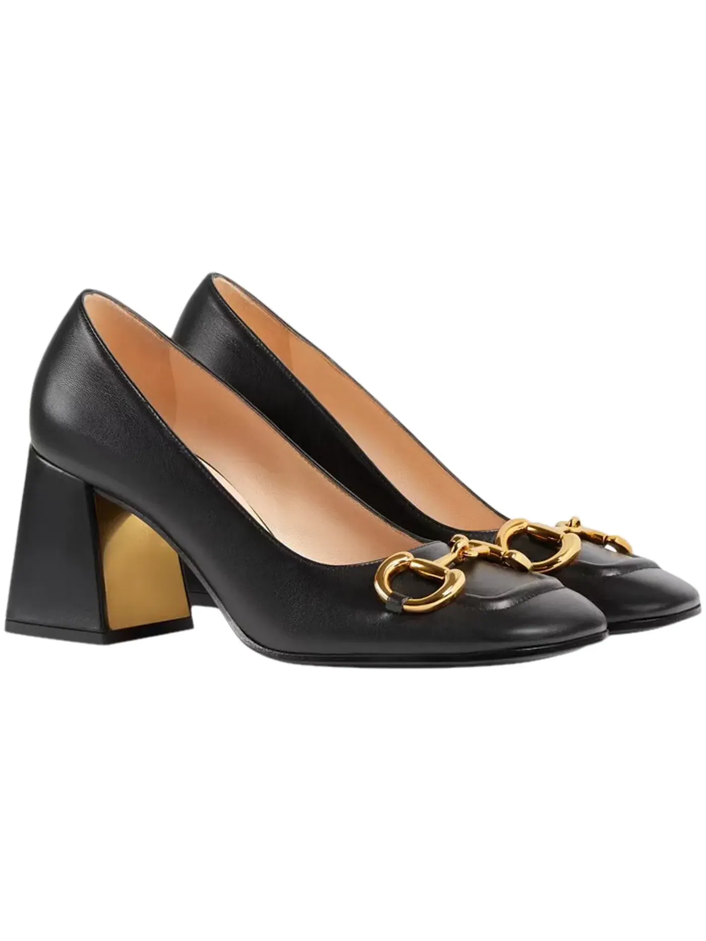 Туфли женские Gucci Horsebit 75mm Pump, на каблуке, с логотипом — изображение 2 из 3, черный/золотистый