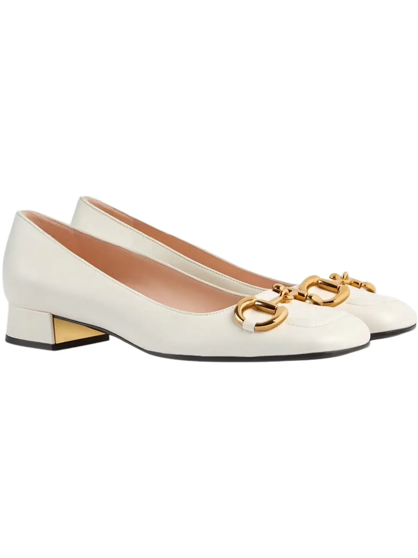 Балетки женские Gucci Horsebit Ballet Flat Кожаные Белые с Золотистым Логотипом — изображение 2 из 3, белый/золотистый