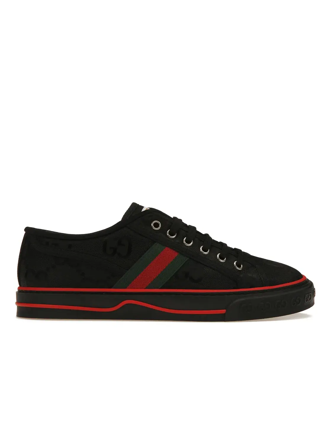 Кроссовки Gucci Tennis 1977 Low Off The Grid, с принтом GG, Черные с Зелено-Красной полосой — изображение 1 из 4