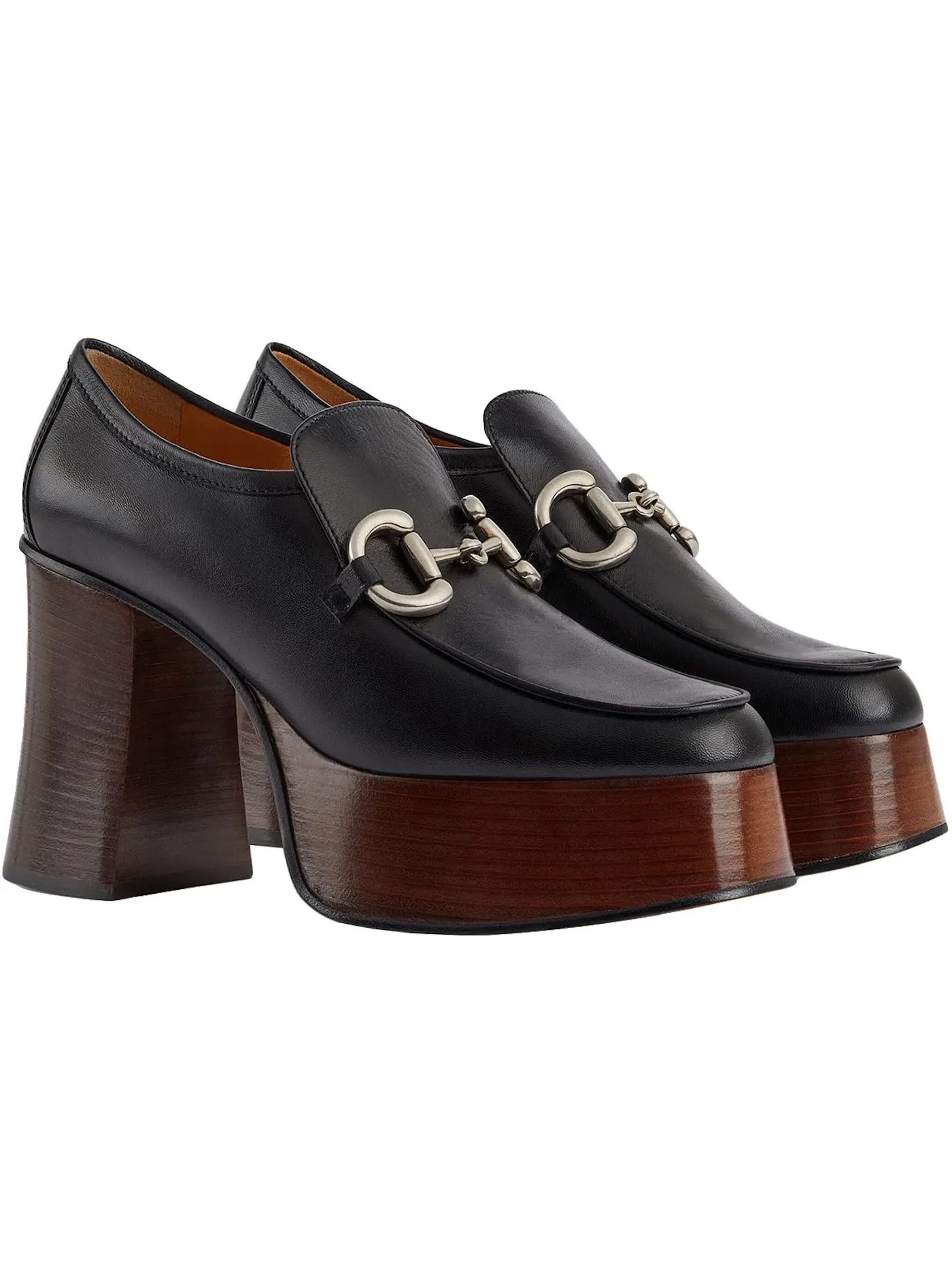 Лоферы женские Gucci Platform Horsebit Loafer на платформе, кожаные — изображение 2 из 4, черный/коричневый