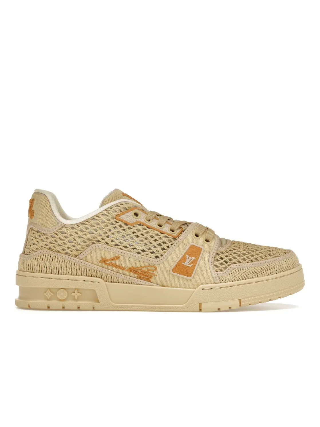 Мужские кроссовки с рафией Louis Vuitton LV Trainer — изображение 1 из 4, бежевый белый