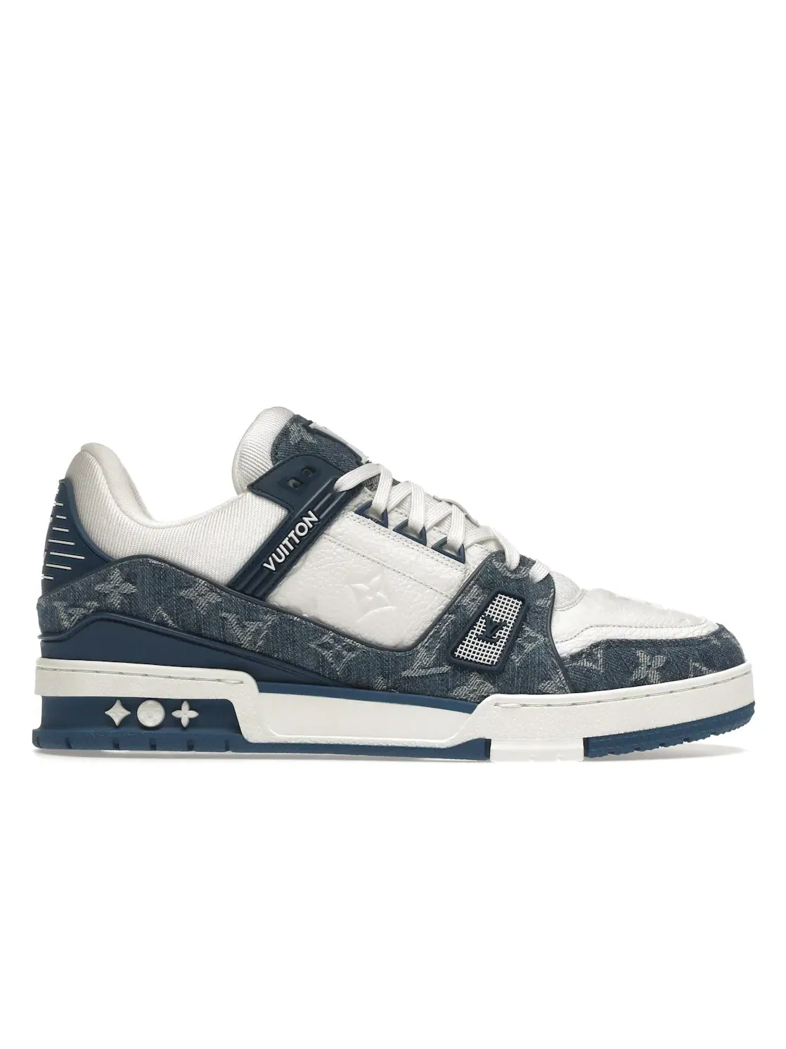 Мужские кроссовки с денимом и монограммой Louis Vuitton LV Trainer — изображение 1 из 4, белый синий