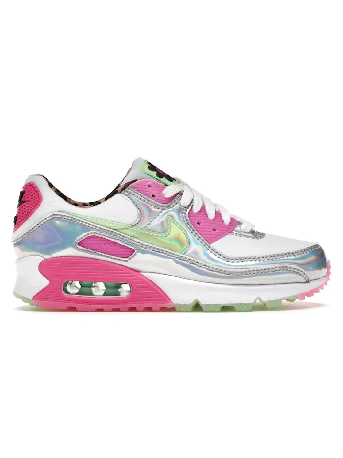 Женские кроссовки с принтом Daisy Leopard Iridescent Nike Air Max 90 — изображение 1 из 4, белый/зеленый--черный