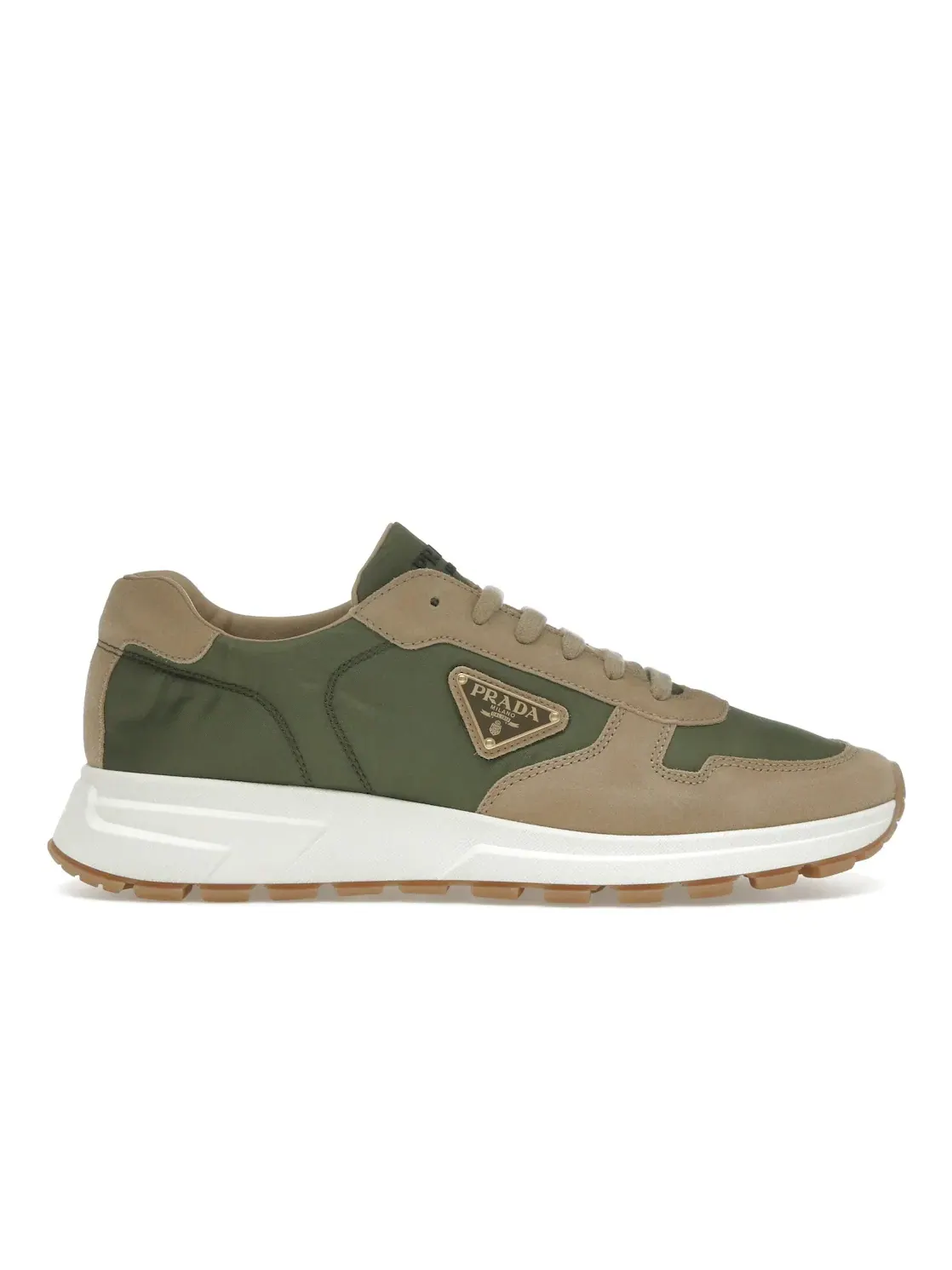 Мужские кроссовки с блестящей кожей Prada PRAX 01 Sneakers, Ecru/Military — изображение 1 из 4