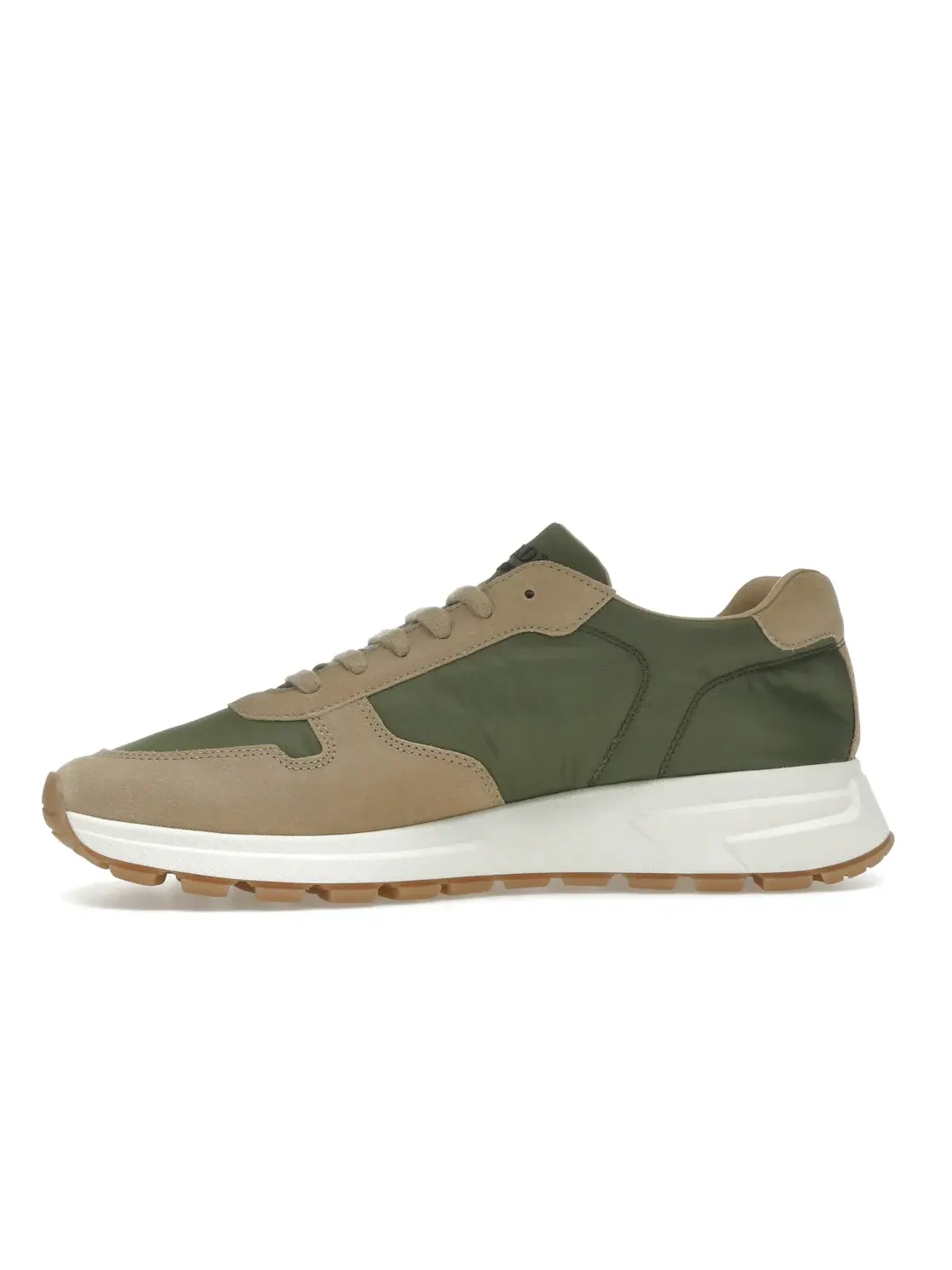 Мужские кроссовки с блестящей кожей Prada PRAX 01 Sneakers, Ecru/Military — изображение 3 из 4