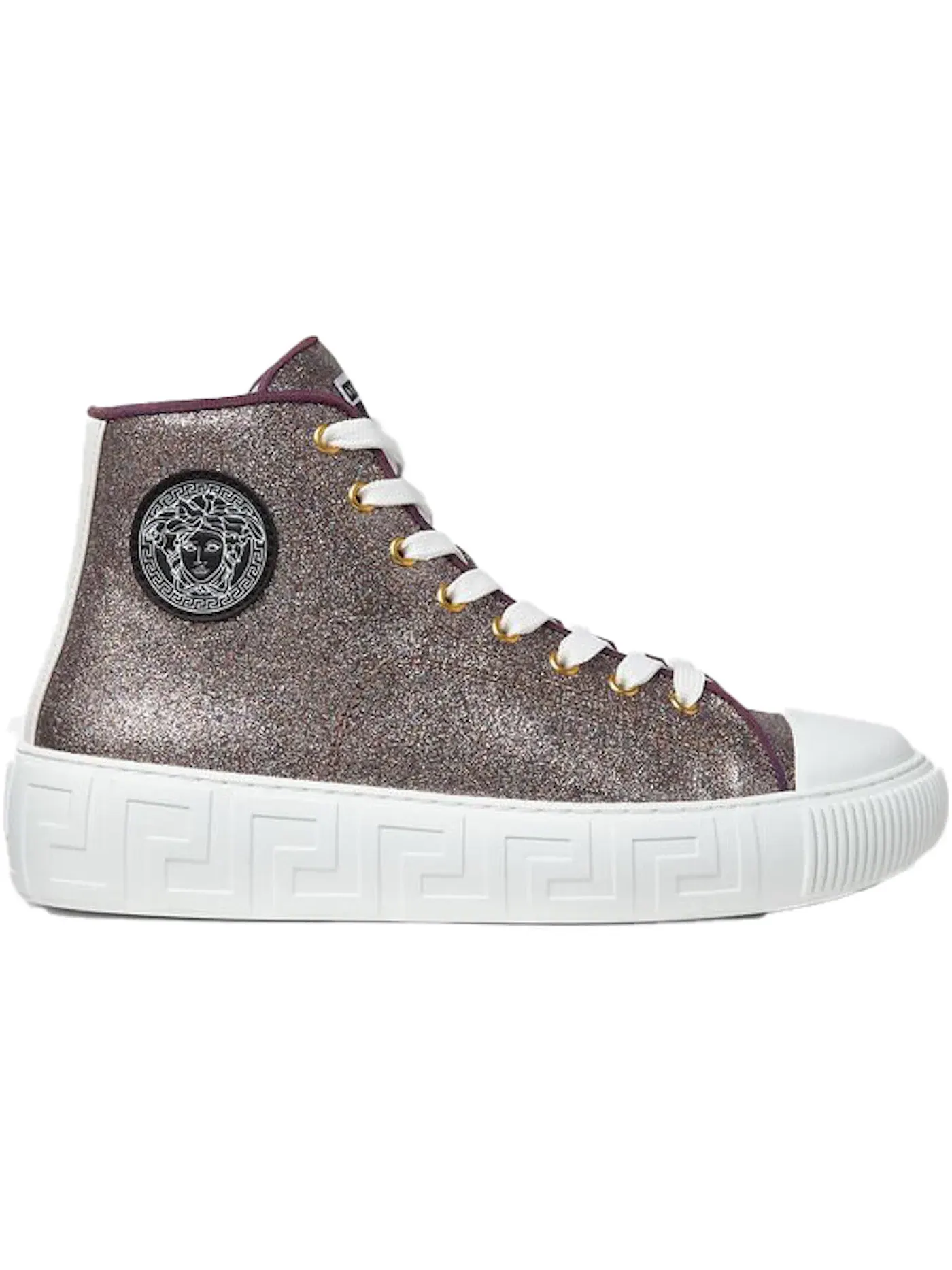 Женские кроссовки с металлическим блеском Versace Greca High Top — изображение 1 из 1, металлик золотистый
