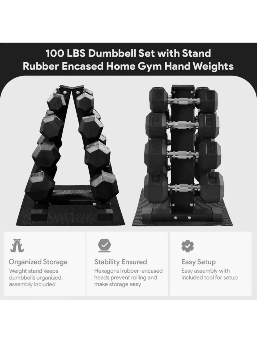 Гантели BalanceFrom с подставкой, гантели в резиновом корпусе для домашнего спортзала, 45 кг — изображение 2 из 10, нет цвета