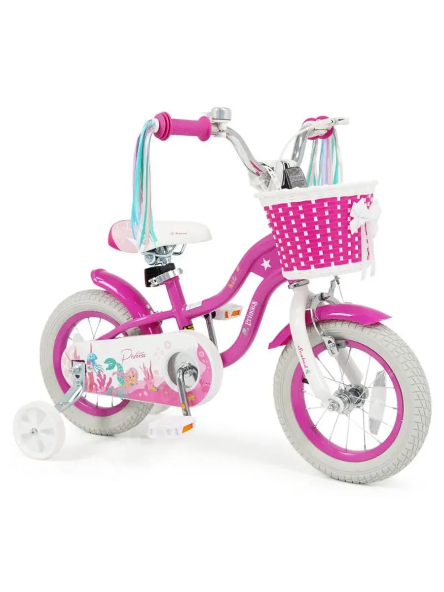 Детский велосипед 12 дюймов с регулируемыми колесами, с корзиной и колокольчиком, Mermaid-Themed — изображение 1 из 10