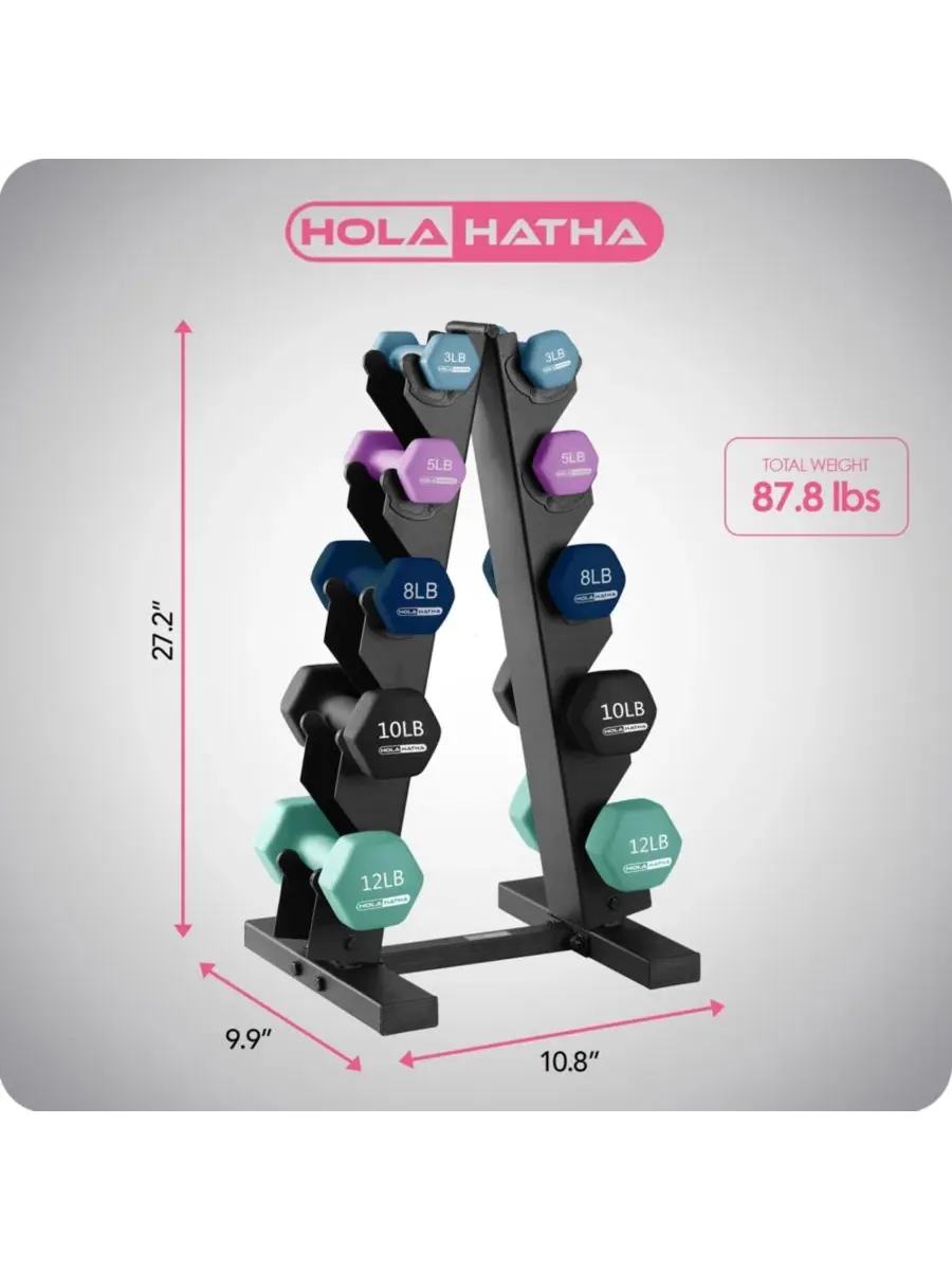 Набор неопреновых гантелей весом 3, 5, 8, 10 и 5 кг с подставкой для хранения Holahatha — изображение 2 из 10, нет цвета
