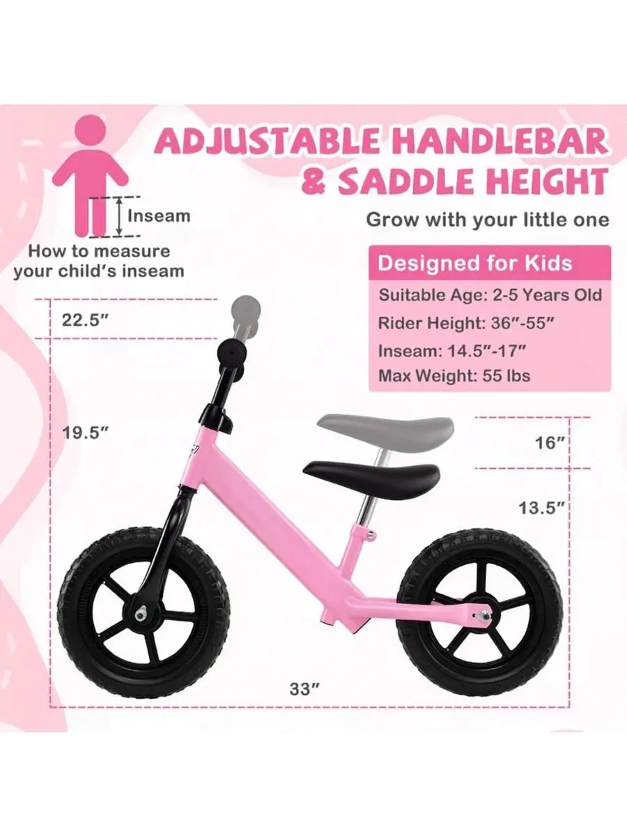 Беговел с пенными шинами 11 дюймов, модель Lightweight Toddler Balance Bike HONGGE — изображение 3 из 11, розовый