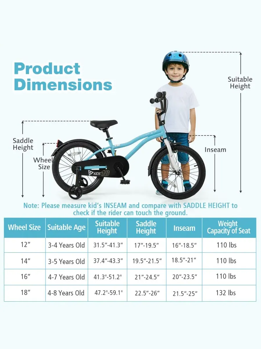 Детский велосипед с регулируемым сиденьем и рулем, с обучением, 12/14/16/18 дюймов Slickblue — изображение 4 из 8, синий