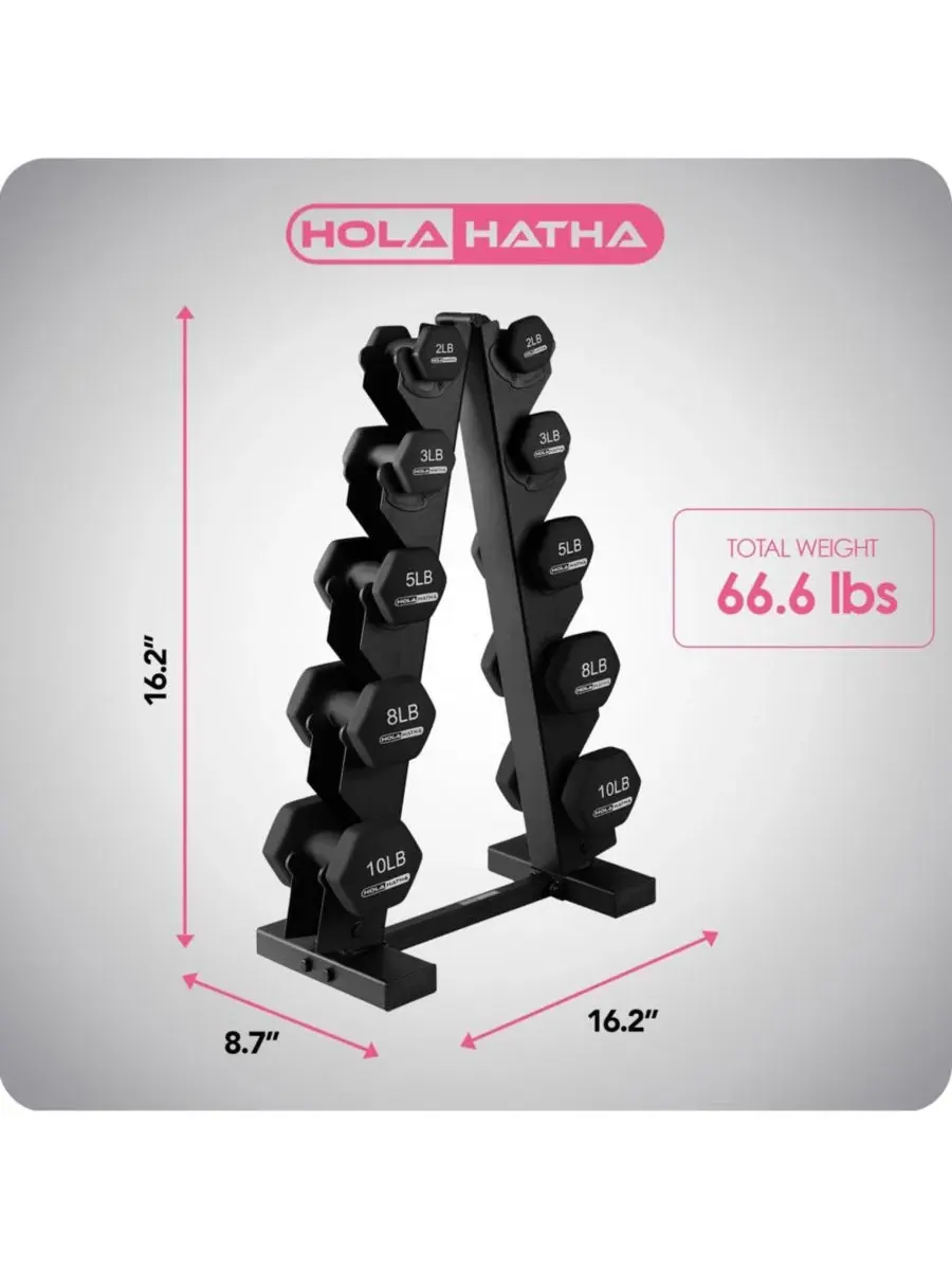 Набор неопреновых гантелей весом 2, 3, 5, 8 и 5 кг с подставкой для хранения Holahatha — изображение 4 из 9, нет цвета