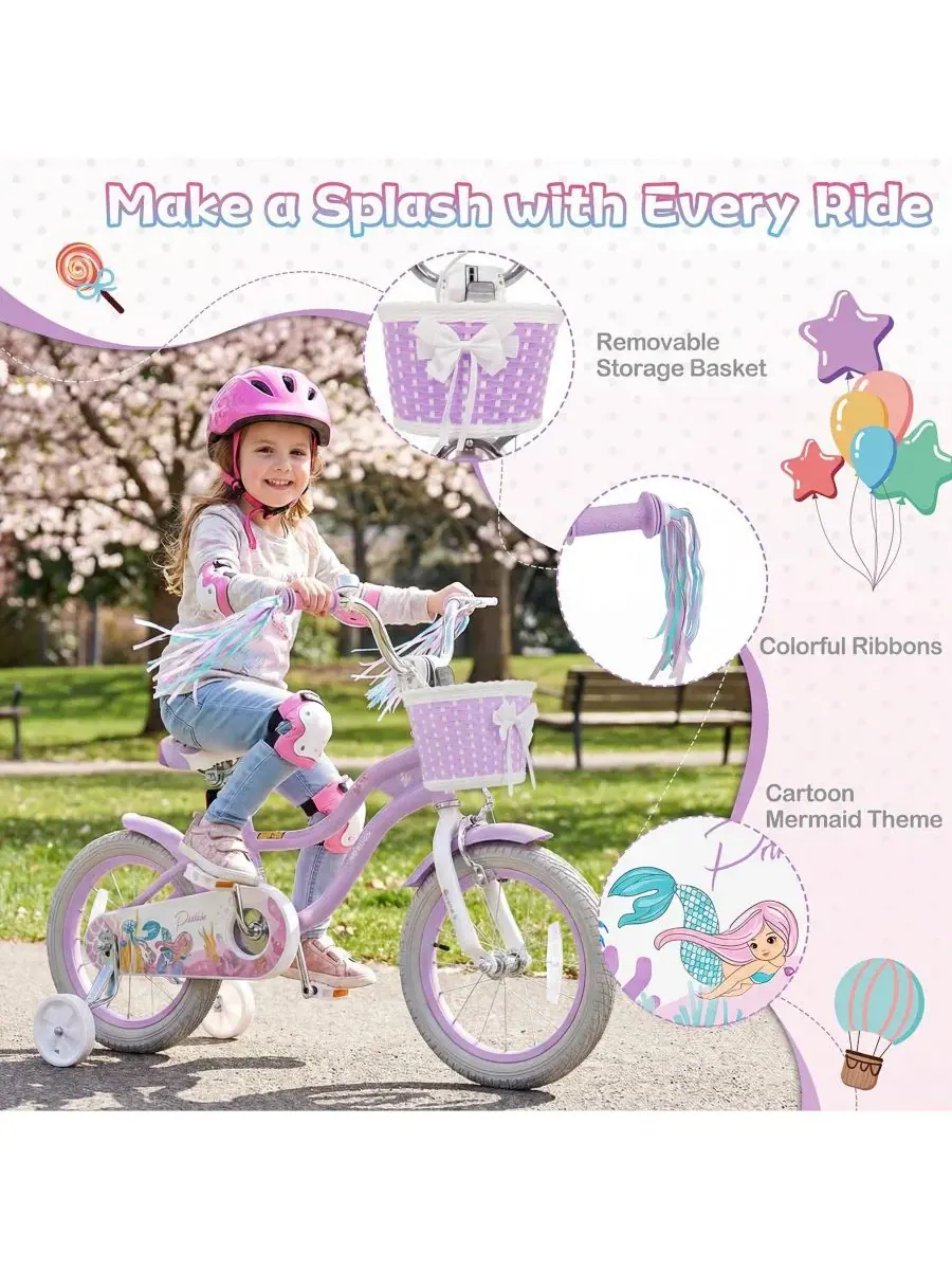 Детский велосипед с тренировочными колесами, 14 дюймов, с ручным и ножным тормозами Gymax — изображение 9 из 10, фиолетовый
