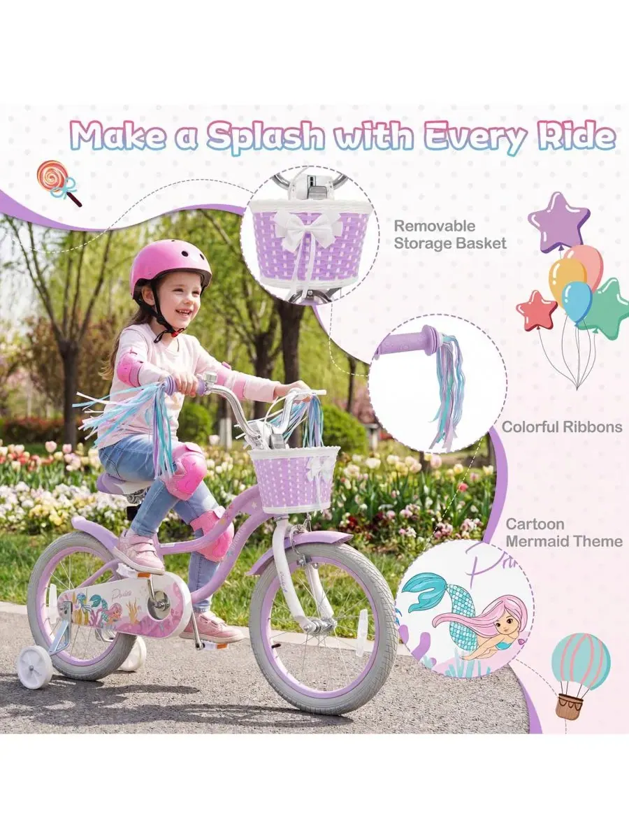 Детский велосипед 16" Princess с корзиной и лентами Slickblue — изображение 3 из 3, фиолетовый