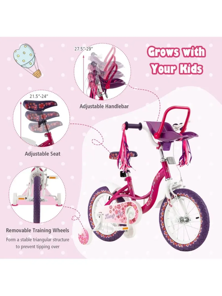 Детский велосипед с кукольным сиденьем, 16 дюймов, с регулируемыми рулем и сиденьем Costway — изображение 5 из 8, розовый
