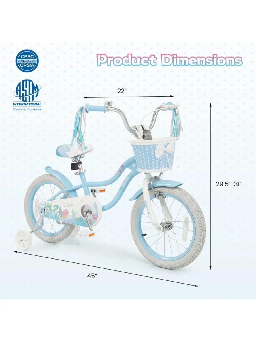 Детский велосипед с корзиной и страховочными колесами Mermaid Adjustable SUGIFT — изображение 3 из 10, синий