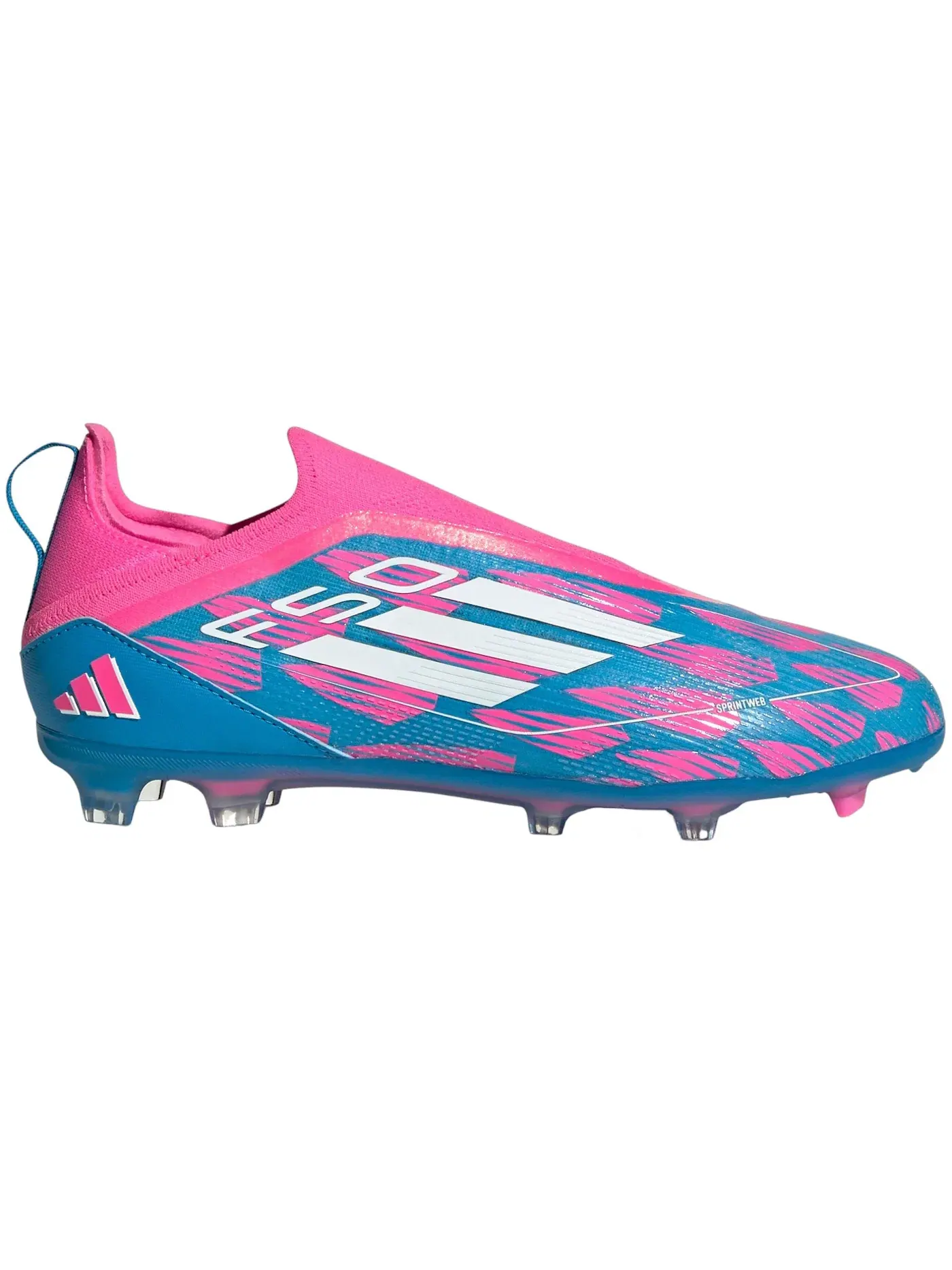 Детские бутсы для футбола без шнуровки Adidas F50 Pro Laceless FG — изображение 1 из 1, синий белый розовый