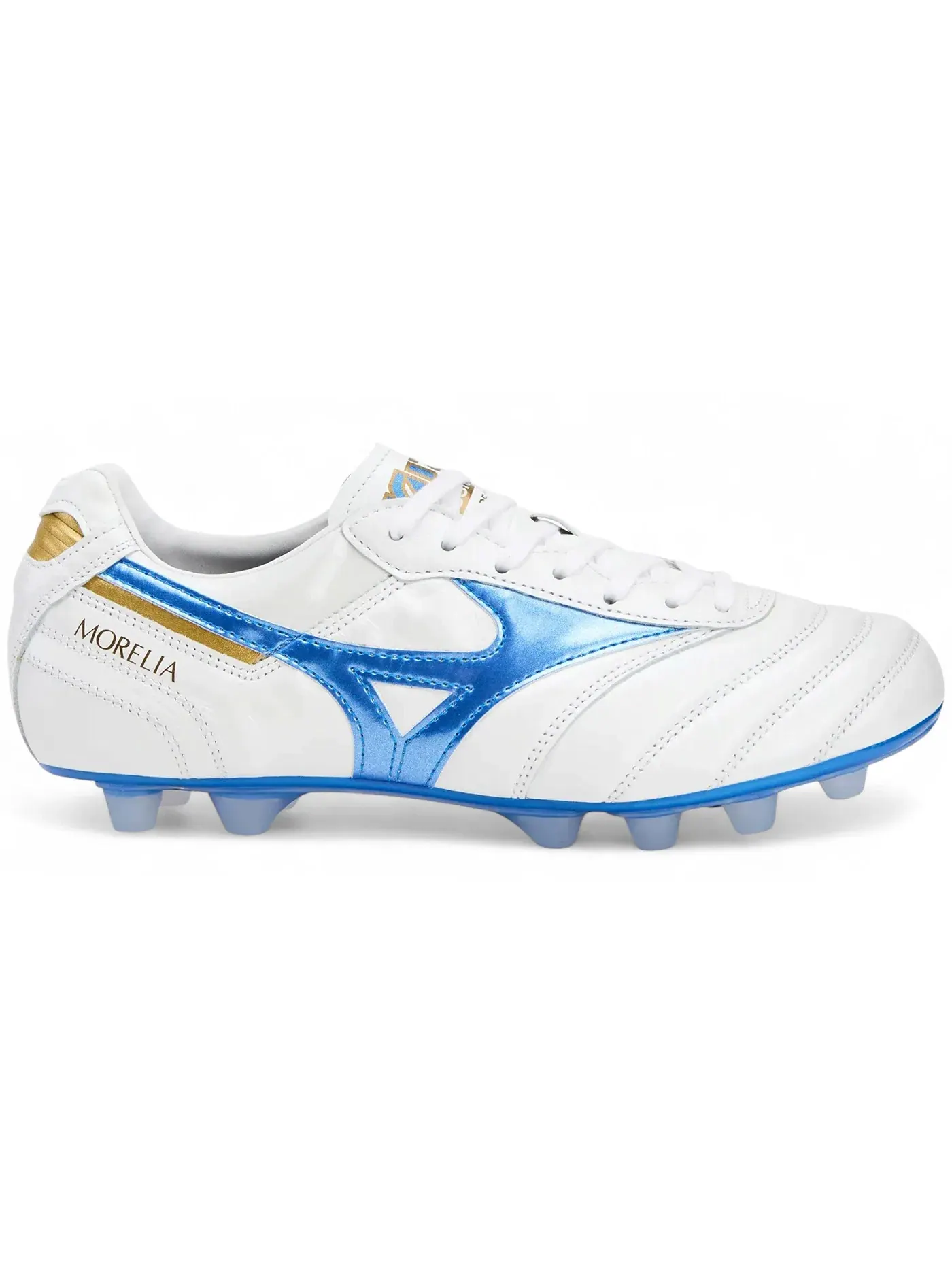 Мужские бутсы с кожаным верхом Mizuno Morelia II Japan MD — изображение 1 из 1, белый синий золотистый