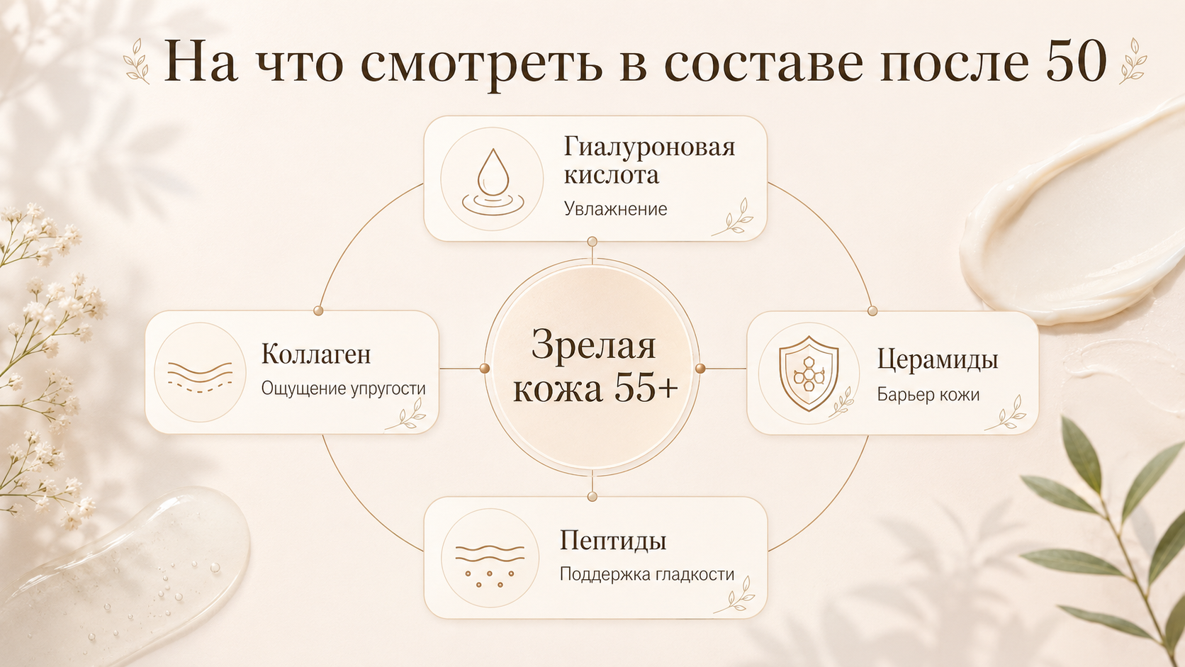 Компоненты для зрелой кожи после 50: гиалуроновая кислота, церамиды, пептиды и коллаген в составе корейской косметики. Инфографика о выборе ухода для увлажнения, поддержки барьера кожи и ощущения упругости.