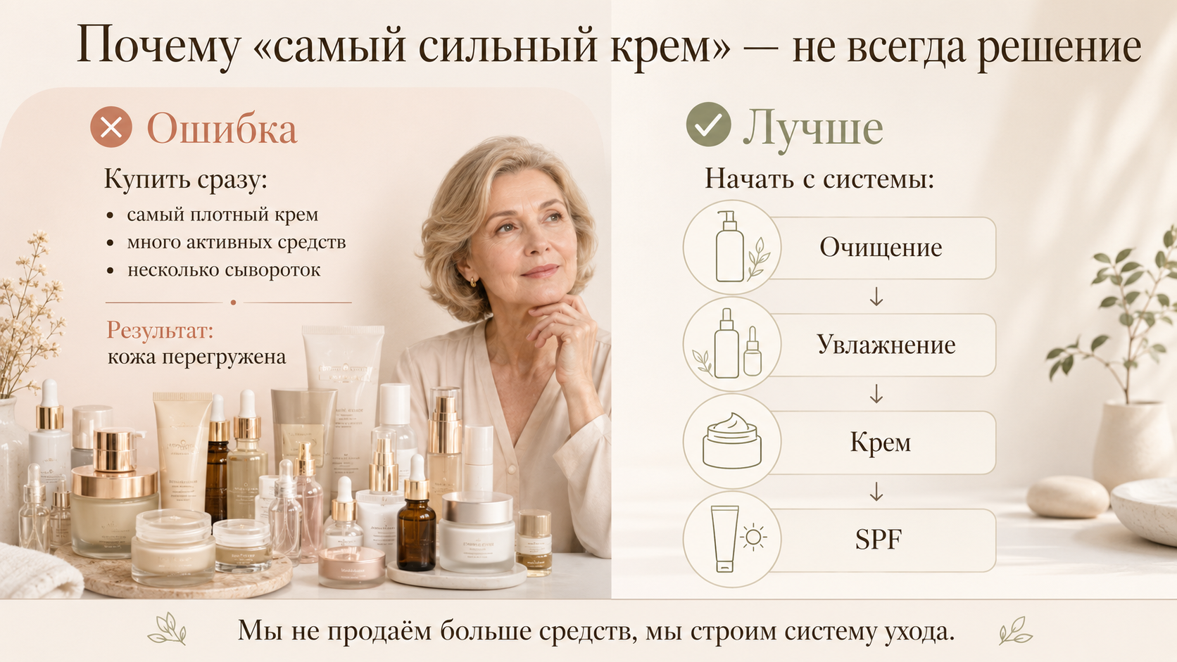 Ошибки антивозрастного ухода после 55: почему самый плотный крем и много активных средств не всегда подходят зрелой коже. Сравнение неправильного подхода и правильной системы ухода с очищением, увлажнением, кремом и SPF.