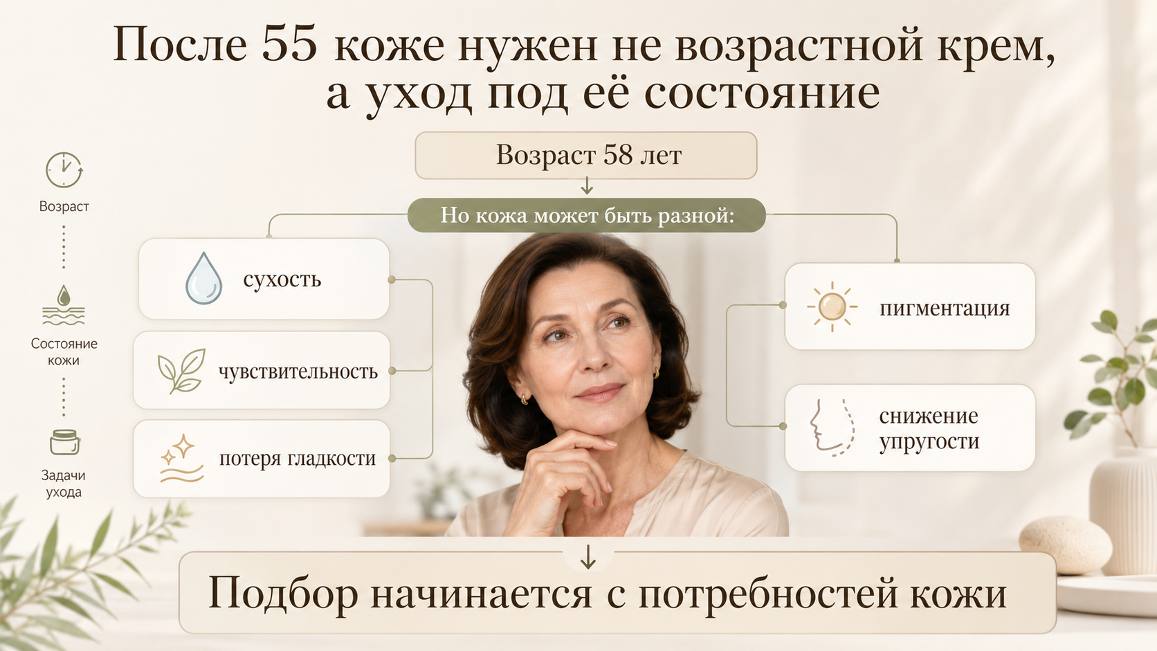 Подбор корейской косметики для зрелой кожи после 55: уход начинается с состояния кожи, а не только с возраста. Женщина 55+ и схема потребностей кожи: сухость, чувствительность, потеря гладкости, пигментация и снижение упругости.