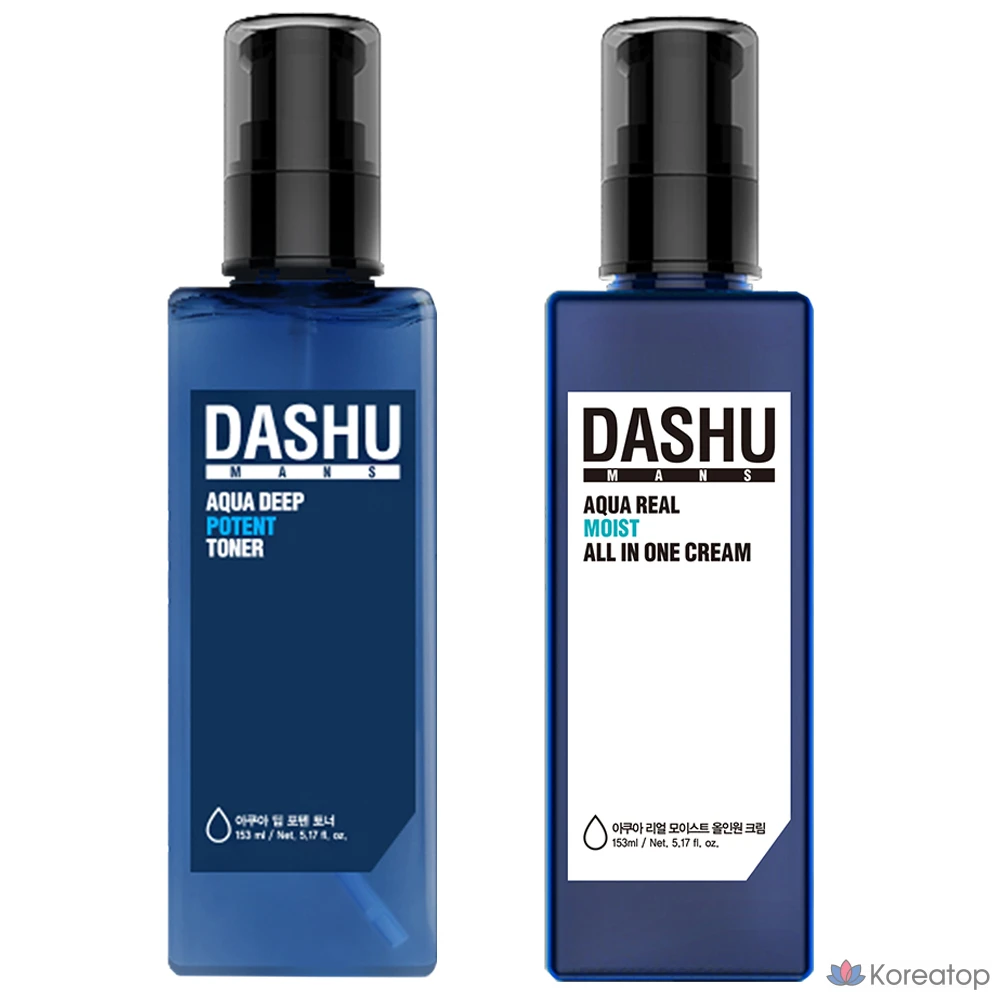 Набор для ухода DASHU Men's Aqua Deep Poten Toner + Men's Aqua Real Moist All-in-One Cream, 153 мл + 153 мл, 1 шт.