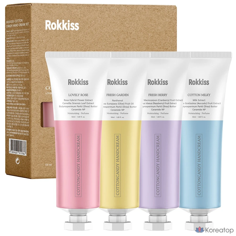 Крем для рук Rokkiss Cotton Candy Hand Cream, 4-piece Set (Lovely Rose + Fresh Garden + Fresh Berry + Cotton Milky), 200 г, 1 шт.