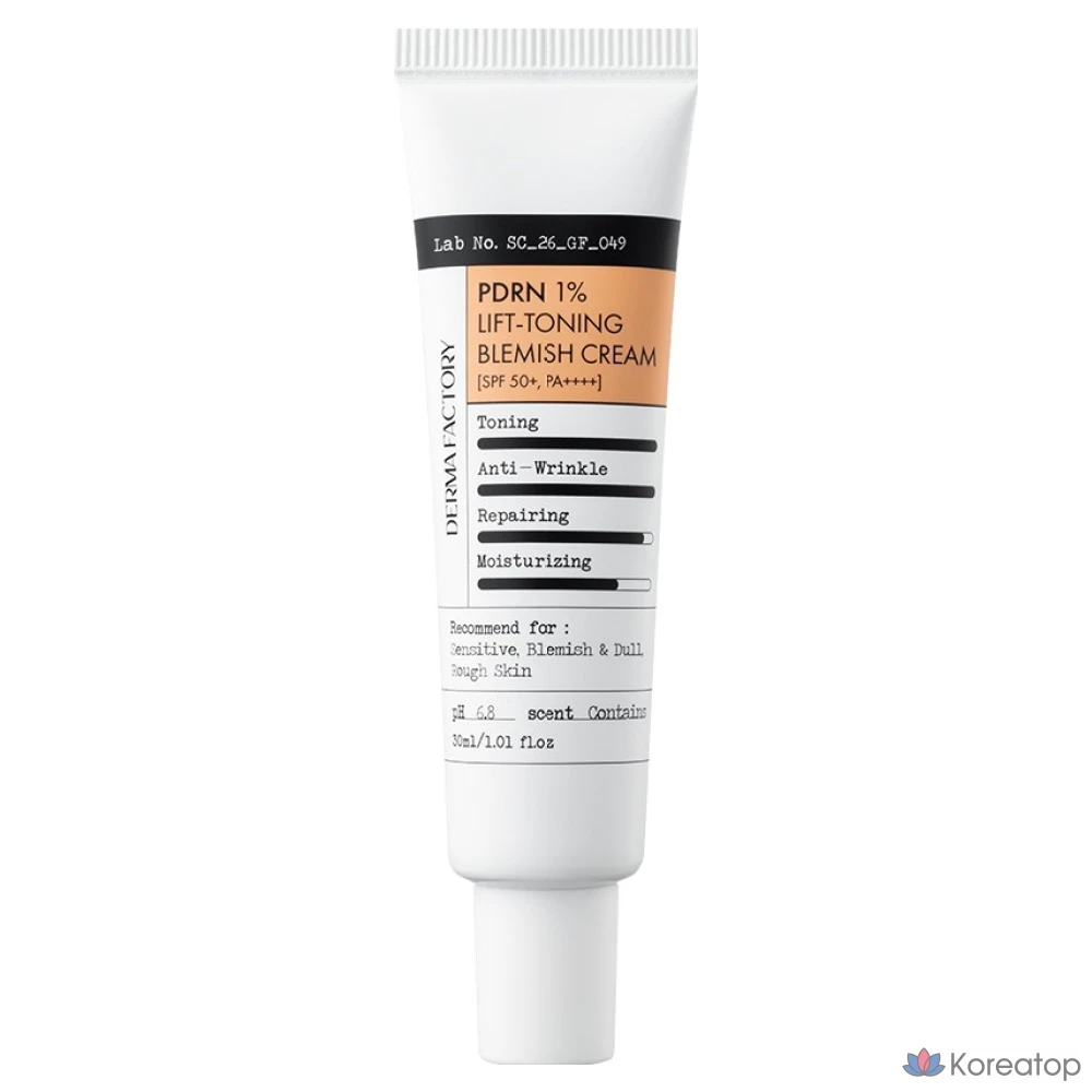 Крем для лица Derma Factory PDRN 1% Lift Toning Blemish Cream SPF50+ PA++++, оттенок Beige, 30 мл, 1 шт.