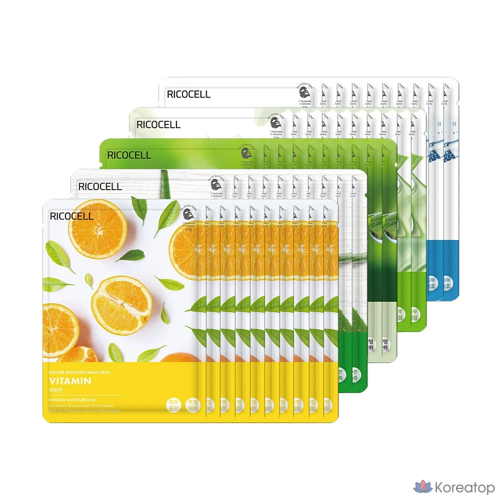 Тканевая маска для лица Ricocell Moist Essence Mask Pack (Aloe 10p + Collagen 10p + Snail 10p + Vitamin 10p + Green Tea 10p), 50 шт.
