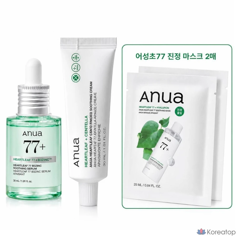 Набор для ухода Anua Heartleaf 77 Trouble Serum Spot Cream Set (Cream 30 мл + Serum 30 мл + Soothing Mask 2 шт.), 1 шт.