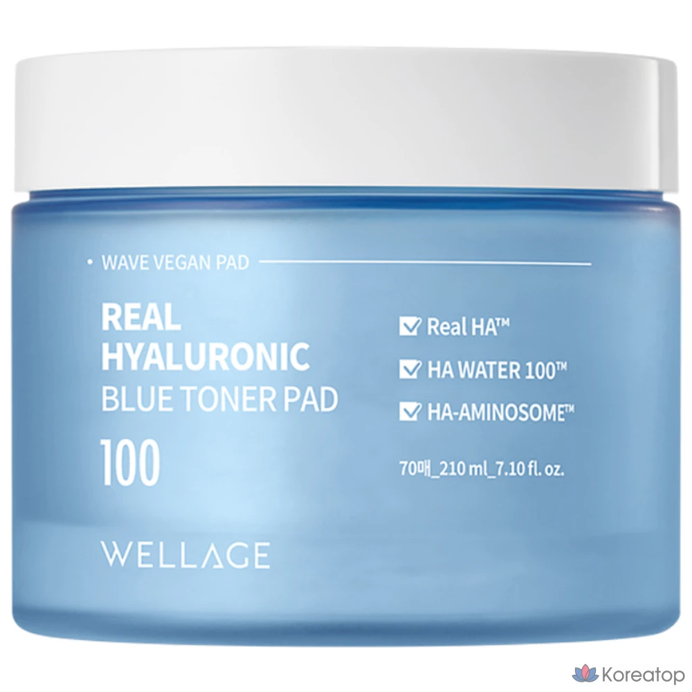 Тонер WELLAGE Real Hyaluronic Blue 100 Toner Pad, 210 мл, 70 шт.