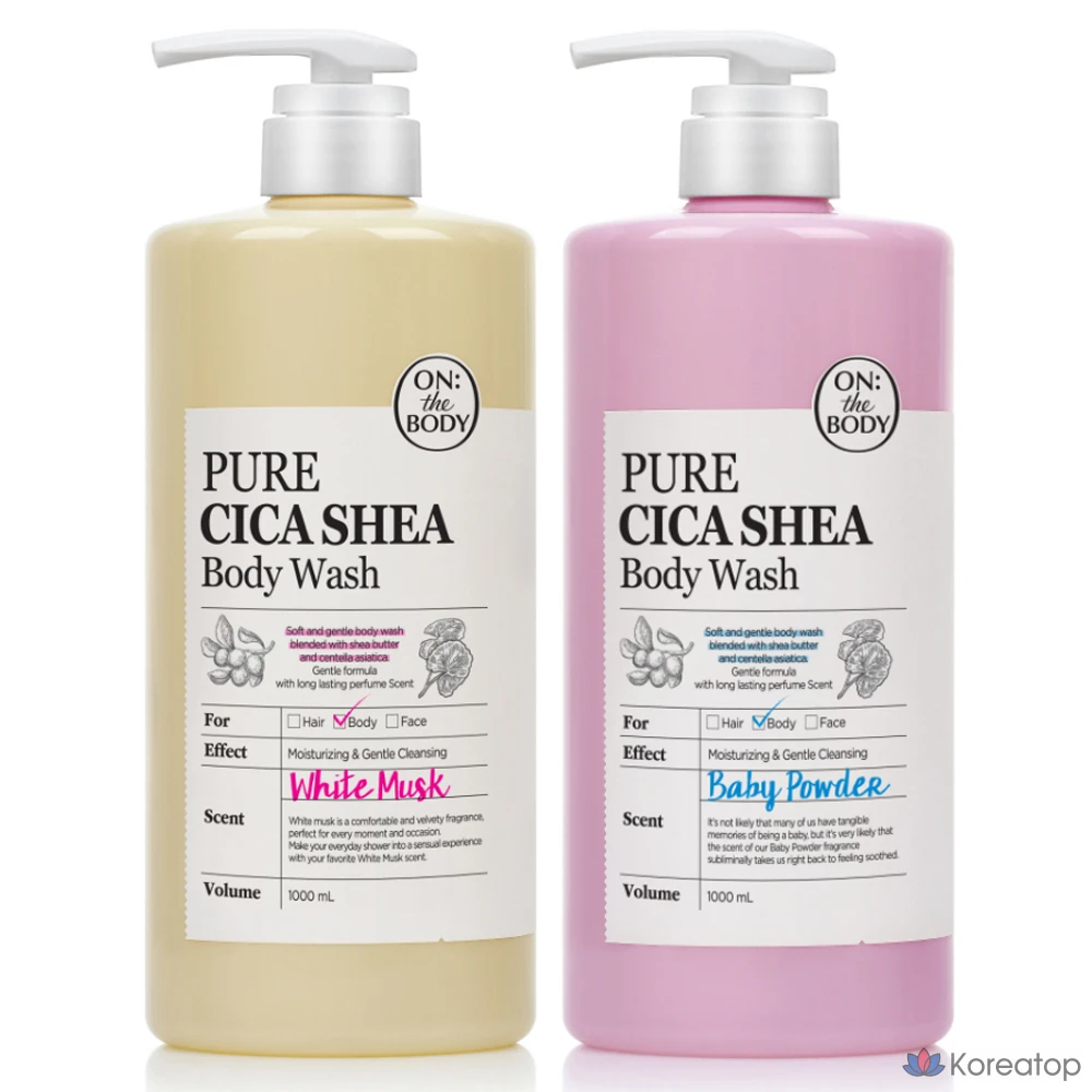 Гель для душа Pure Derma On The Body Pure Cica Very Mild Family Body Wash Baby Powder Scent + White Musk Scent, 1 л, 2 шт.