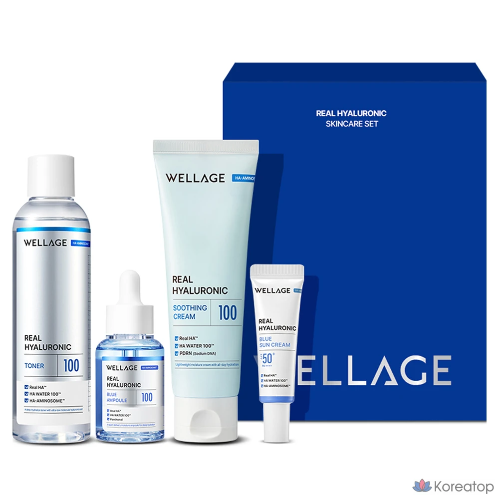 Набор для ухода WELLAGE Real Hyaluronic Skincare (Toner + Ampoule + Soothing Cream), 1 шт.