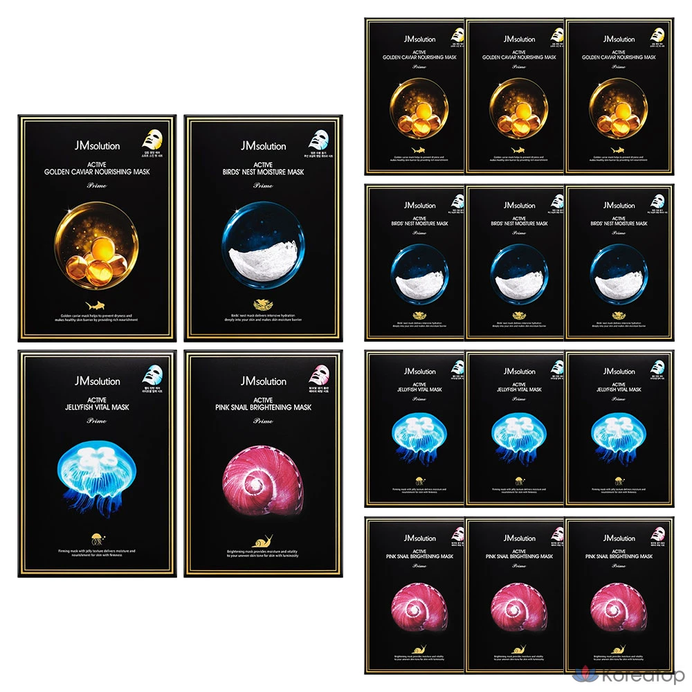 Тканевая маска для лица JM Solution Active Solution Golden Caviar 10p + Bird's Nest 10p + Pink Snail 10p + Jellyfish 10p Mask Pack Set, 40 шт.