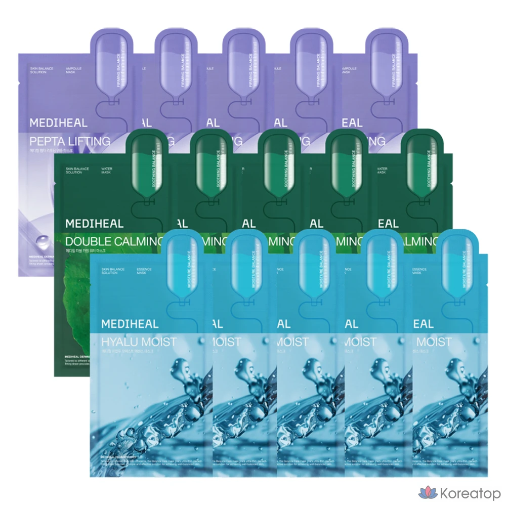 Тканевая маска для лица MEDIHEAL Double Calming Water 5p + Hyalu Moist Essence 5p + Pepta Lifting Ampoule 5p Set, 15 шт.