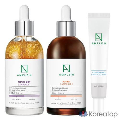 Набор для ухода AMPLE:N Peptide Shot Ampoule 100ml + VC Shot Ampoule 100ml + Hyaluron Shot Moisture Cream 30ml, 1 шт.
